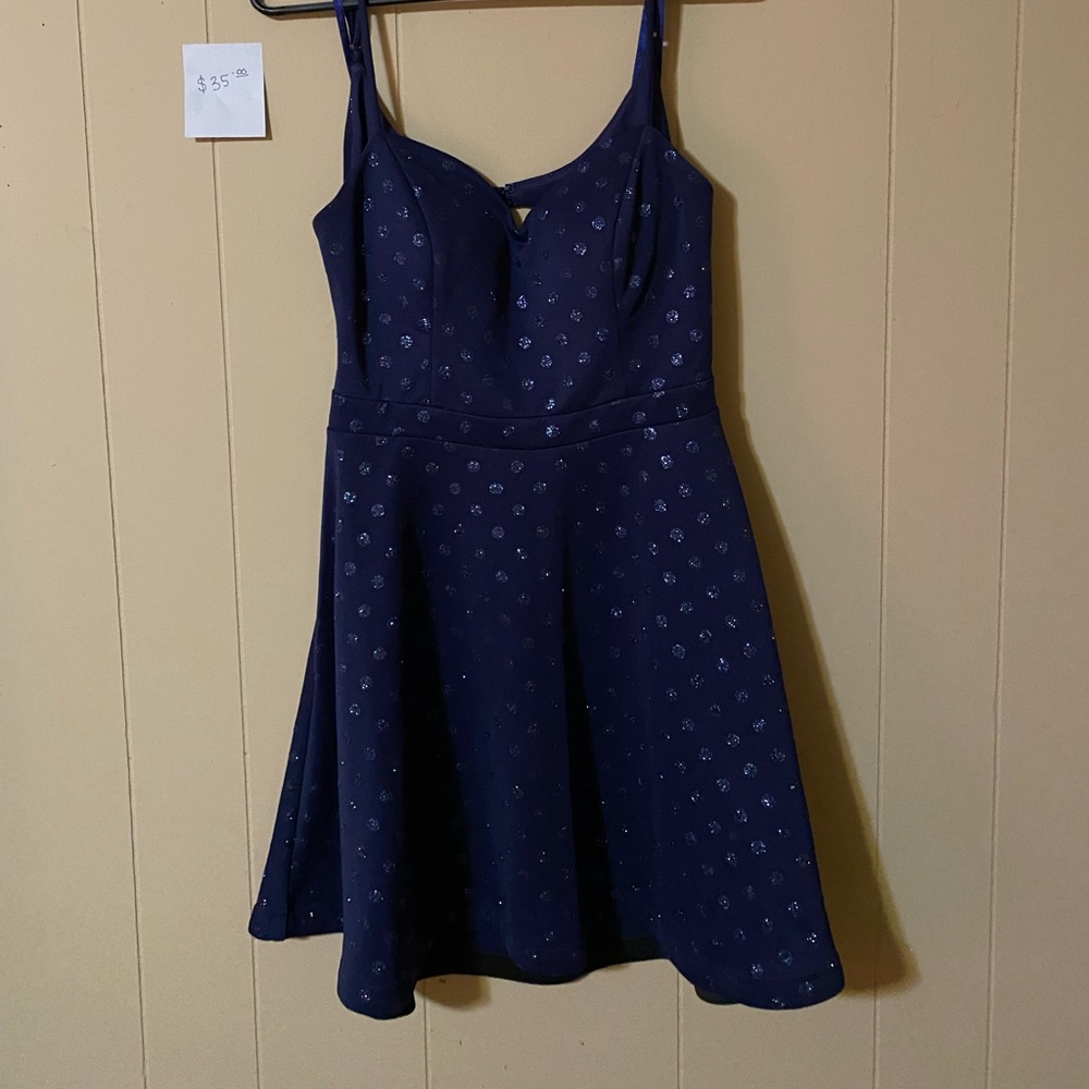 navy blues glitter dots dress above the knee great to go dancing in strapless